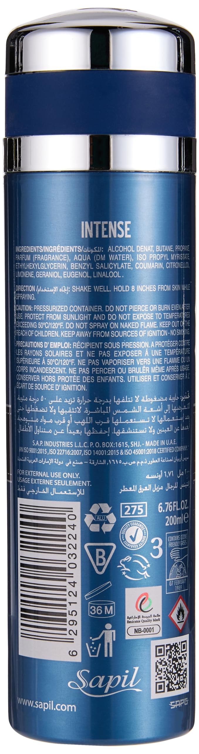 Sapil Intense Deo Spray for Men 200ml