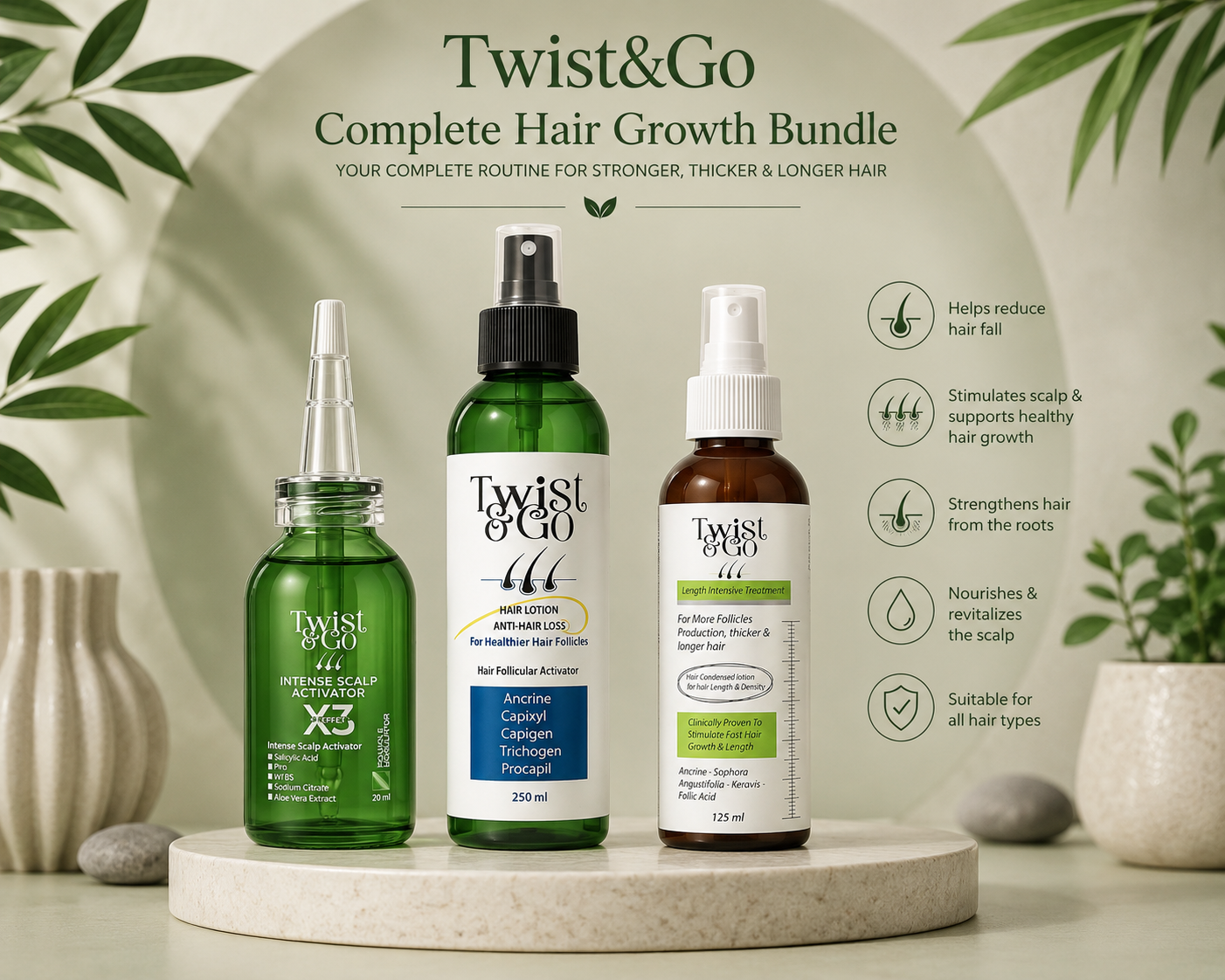 Twist&Go Complete Hair Growth Bundle | Anti Hair Loss Lotion 250ml + Intense Scalp Activator X3 30ml