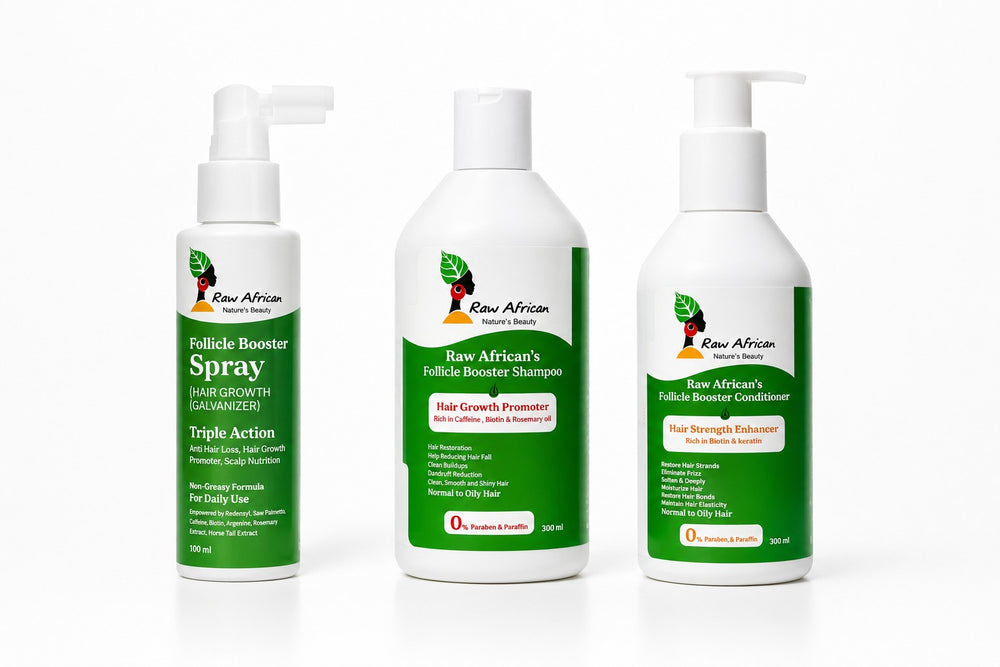 Raw African Follicle Booster Hair Care Trio | Shampoo + Conditioner + Spray